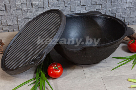 Казан узбекский чугунный 12л плоское дно с крышкой-гриль